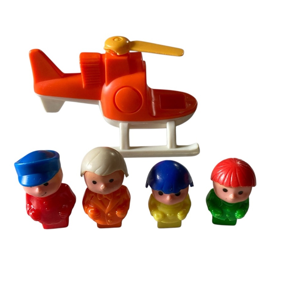 Vintage Blue Box 4 Little People Figures Helicopter Lot Square Base